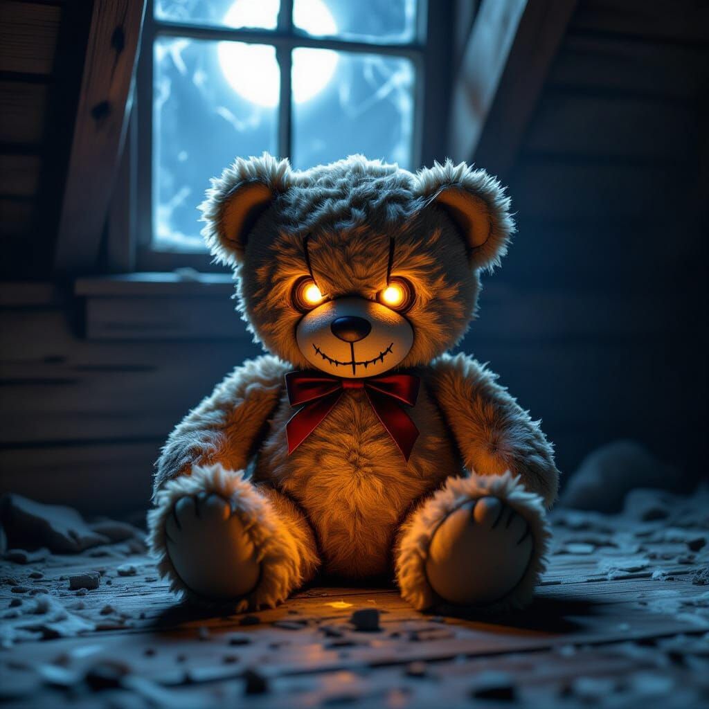 Tattered Teddy Bear with Ember Eyes in Dark Fantasy Attic