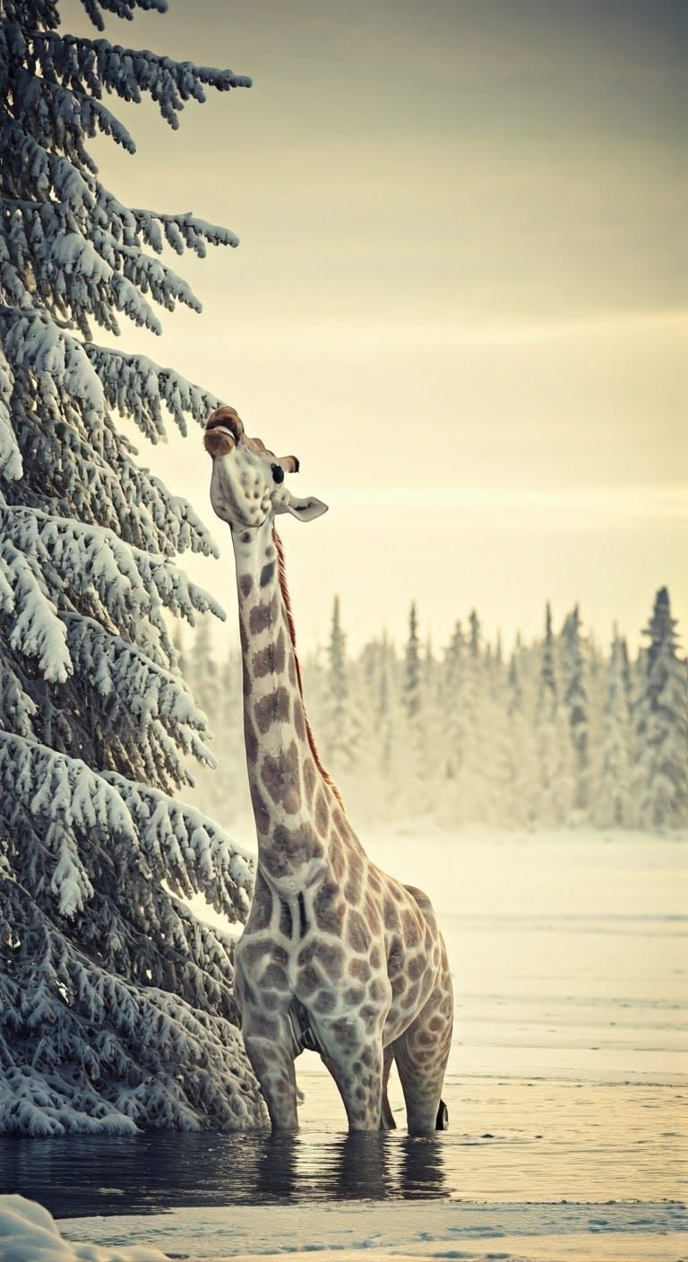 Majestic Arctic Giraffe in Frozen Lake Scene