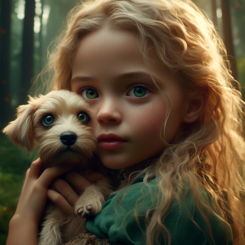 Detailed Little Girl with Puppy in Hyperrealism Style