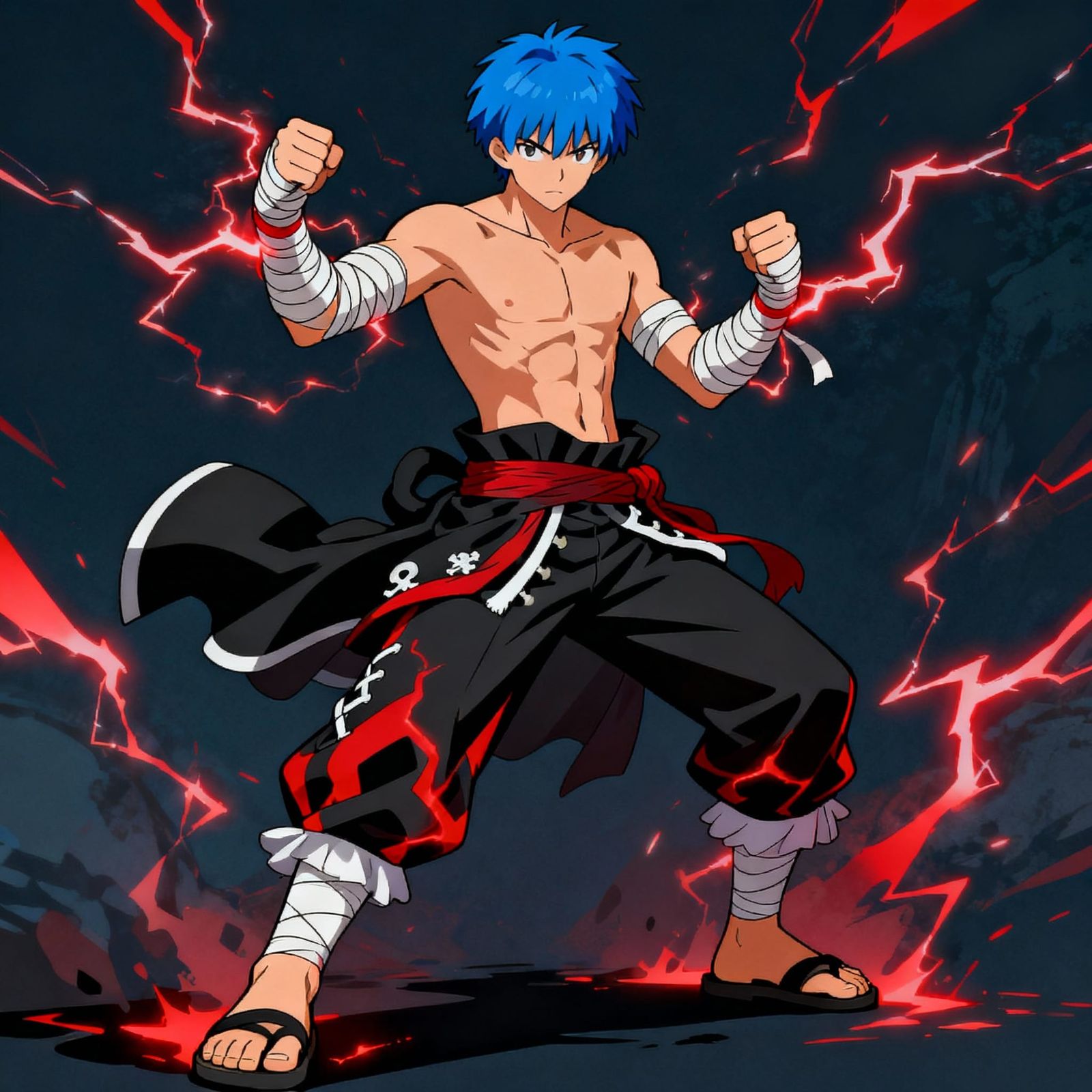 Blue Haired Warrior in Pirate Pants with Martial Arts Wraps