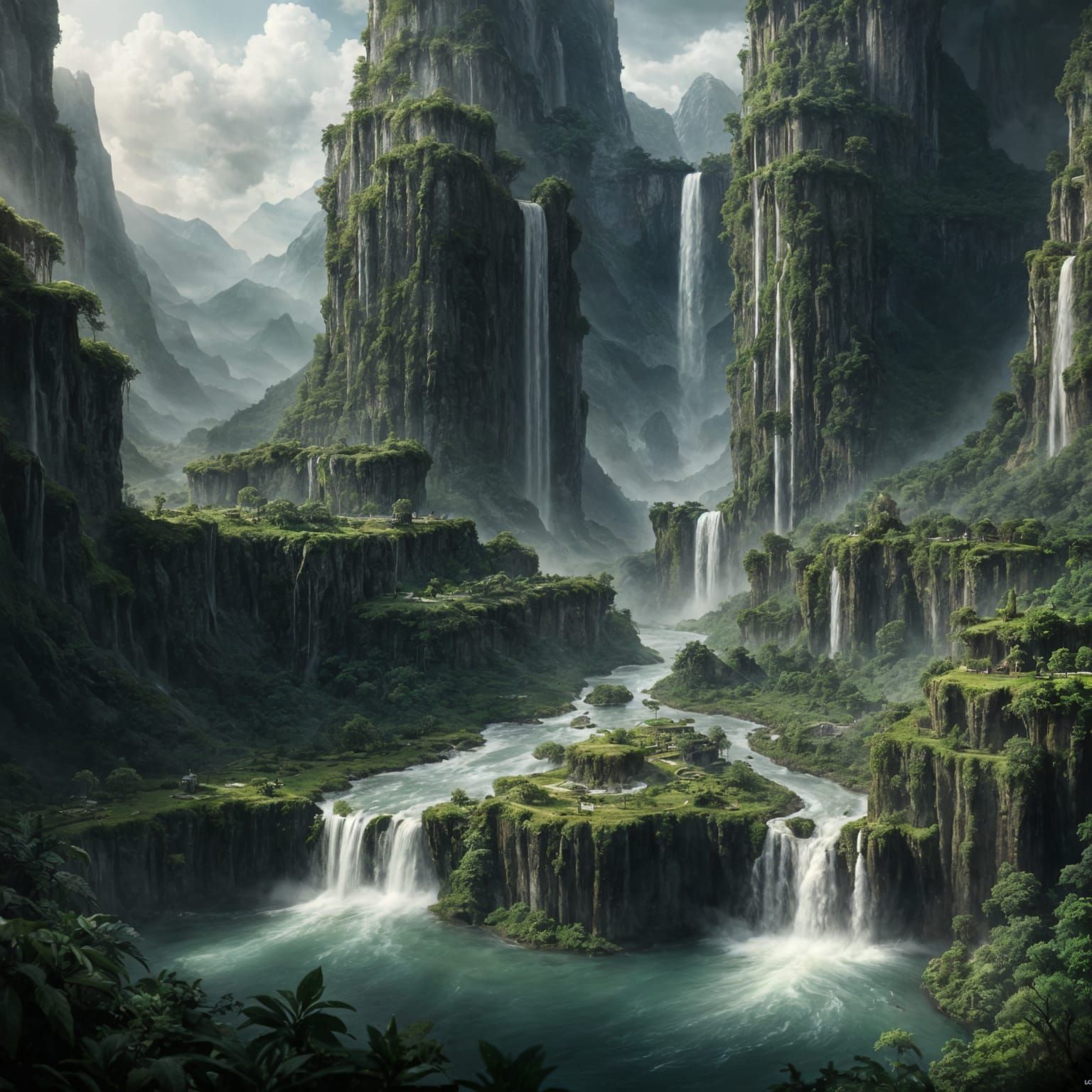 Forgotten City on Mossy Mountain with Waterfalls