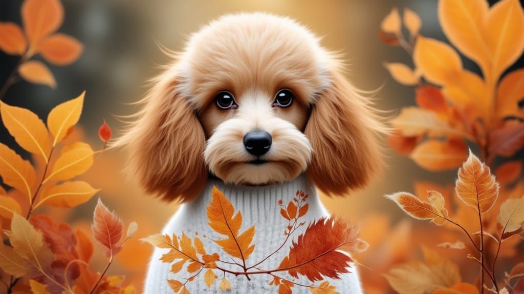 Tan Poodle in Autumn Sweater, Beatrix Potter Style
