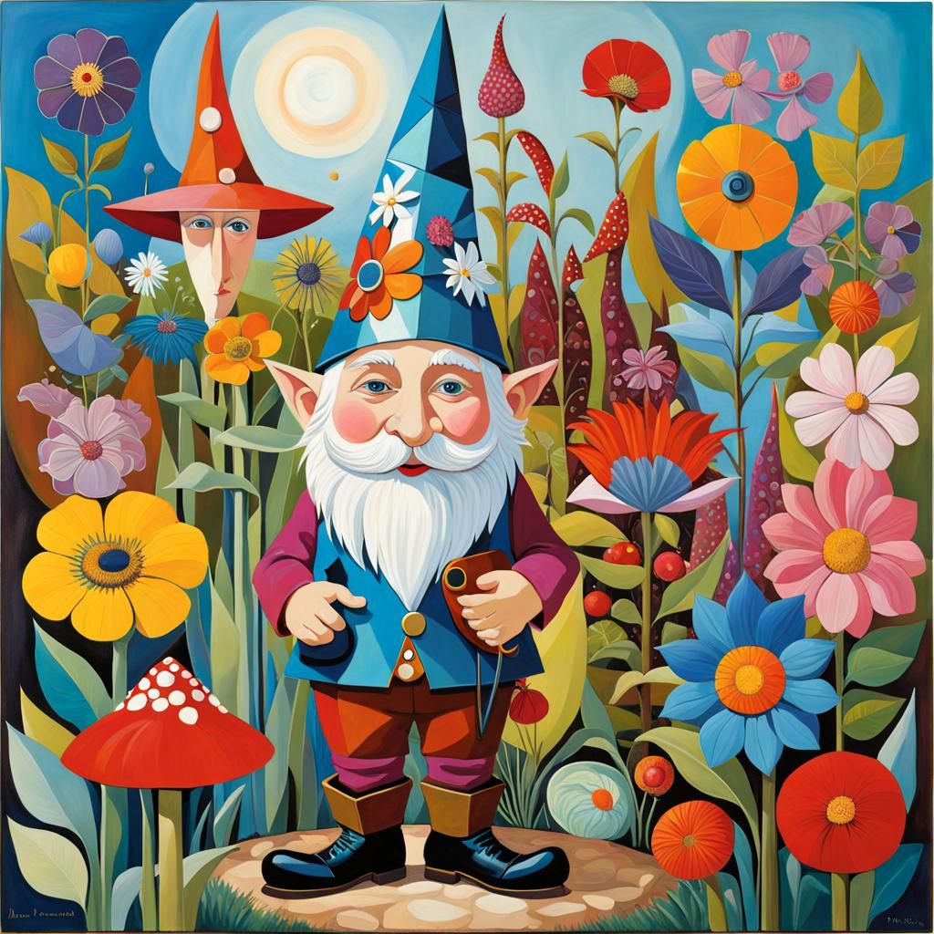Gnome in Garden: Surrealist Cubist Art