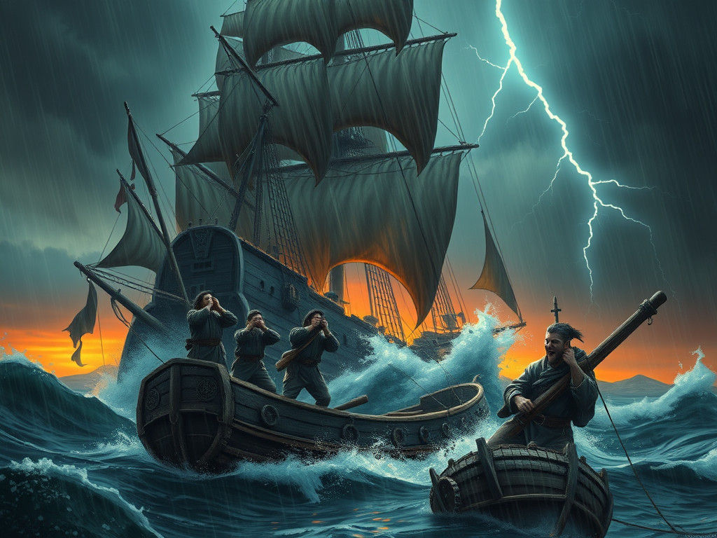 Majestic Galleon Towers Over Tiny Fishing Boat in Turbulent....