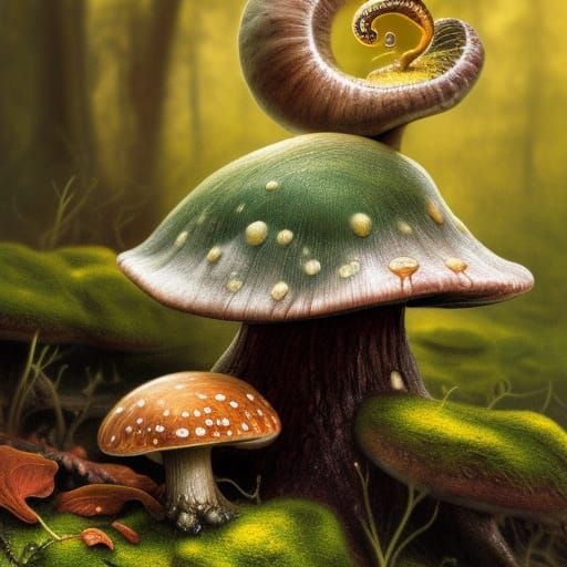Snail on Mushroom: Detailed Fairy Book Illustration