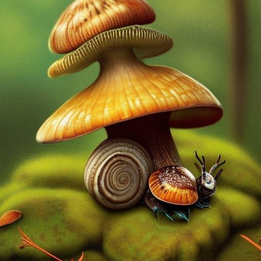 Snail on Mushroom: Fairy Book Illustration