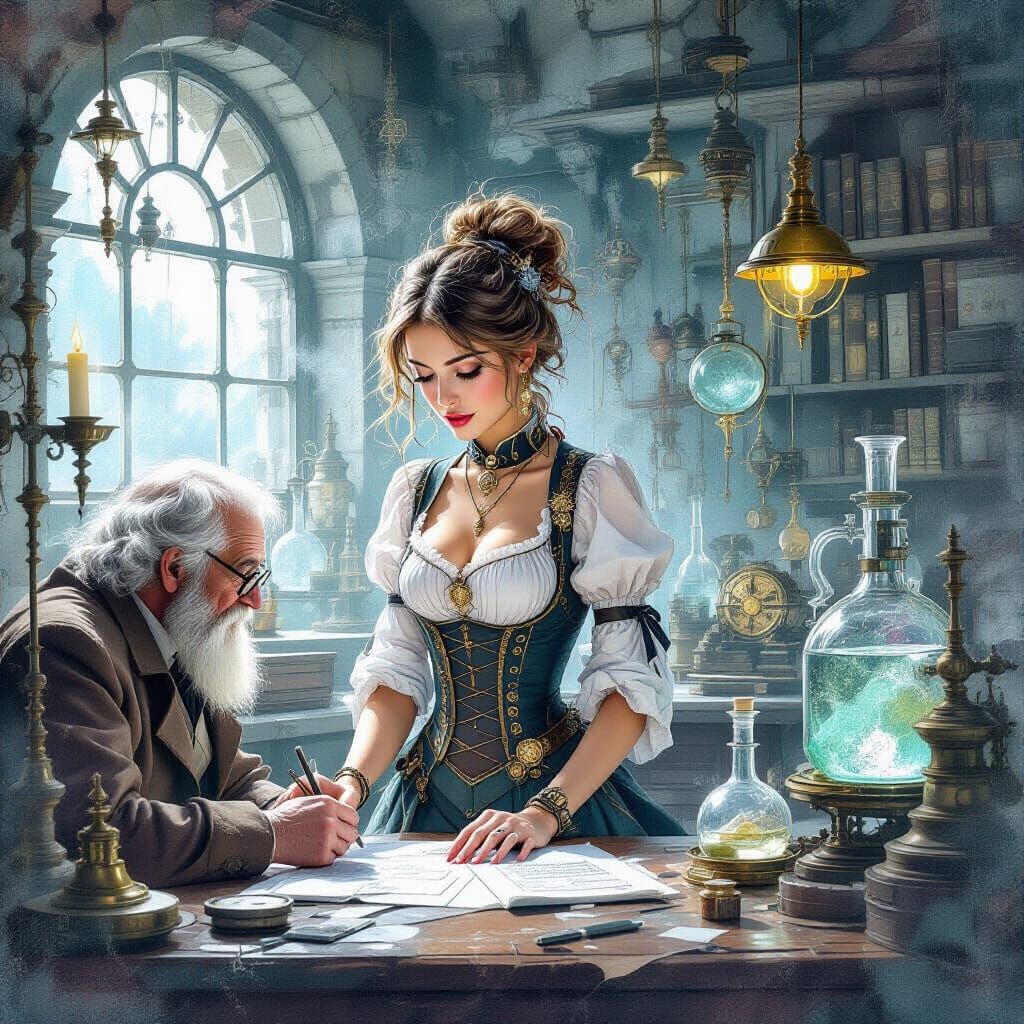 Steampunk Girl and Wizard in Laboratory, Watercolor Collage