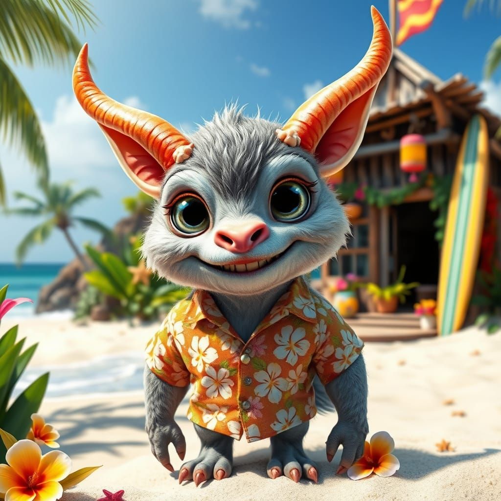 Mythical Beach Creature in Vibrant Hawaiian Attire