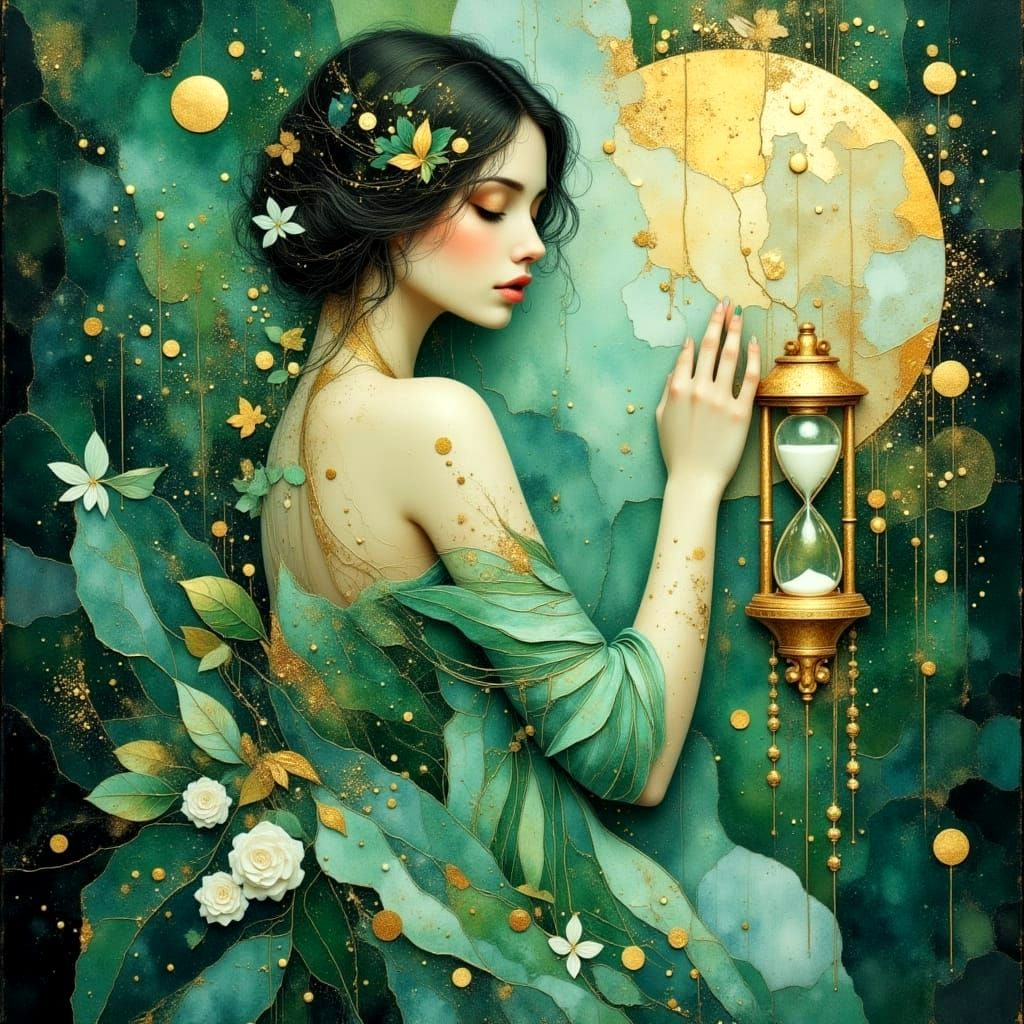 Ethereal Woman in Emerald and Gold: Divine Oil Painting
