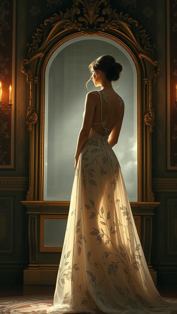 Woman in Gown Before Ornate Mirror, Romantic Aesthetic