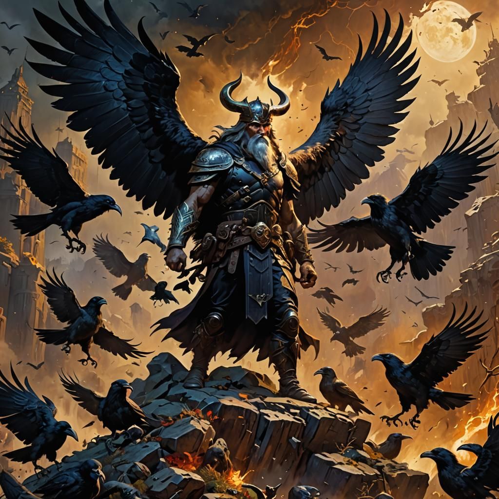 Odin and Ravens in Dark Fantasy Oil Painting