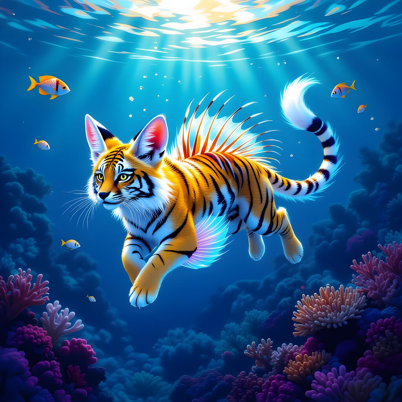 Golden Tiger, Fennec Fox, and Lionfish Hybrid Creature