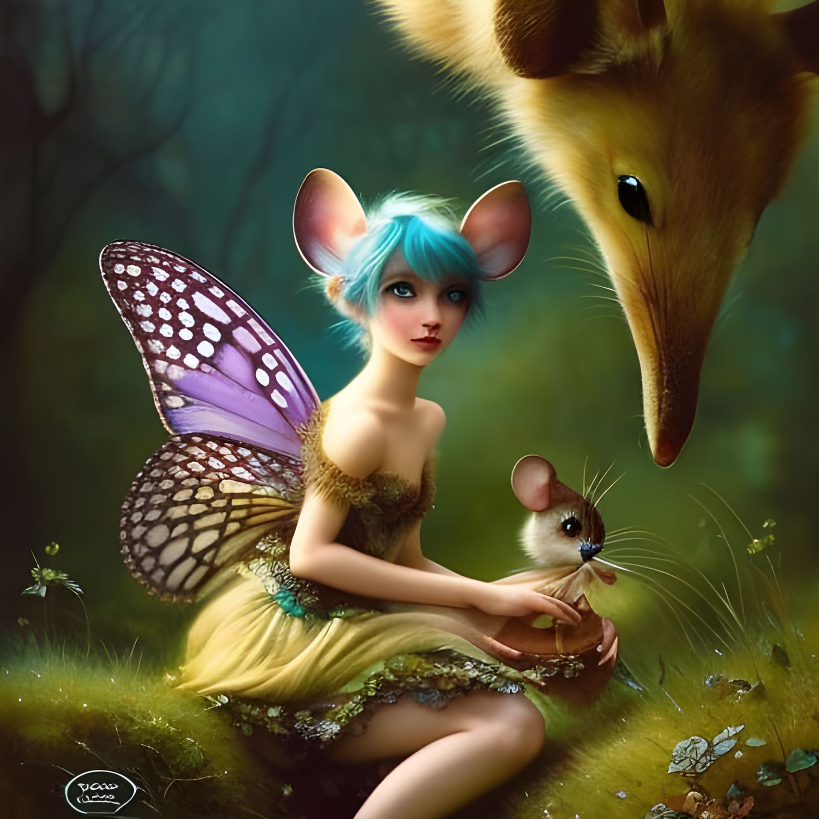 Pixie Girl Portrait with Mouse in Fantasycore Style