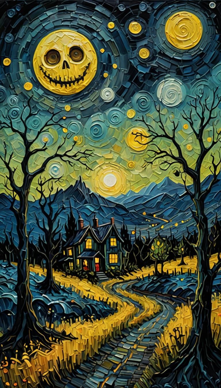 Surreal Blend: Van Gogh Meets Tim Burton in Impasto