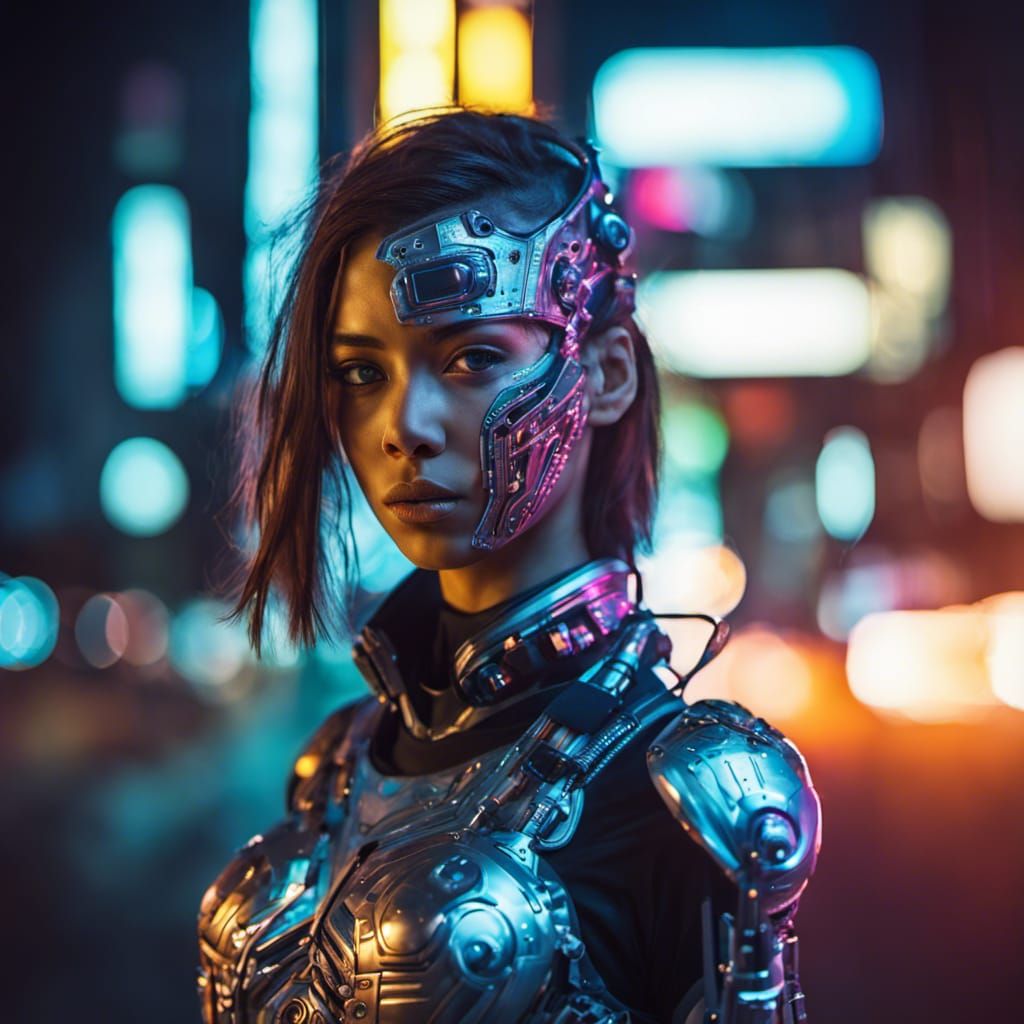 Cyborg Girl Portrait in Neon Cityscape