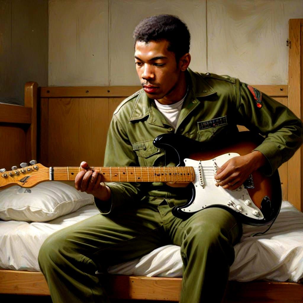 Young US Soldier Plays Electric Guitar in Barracks
