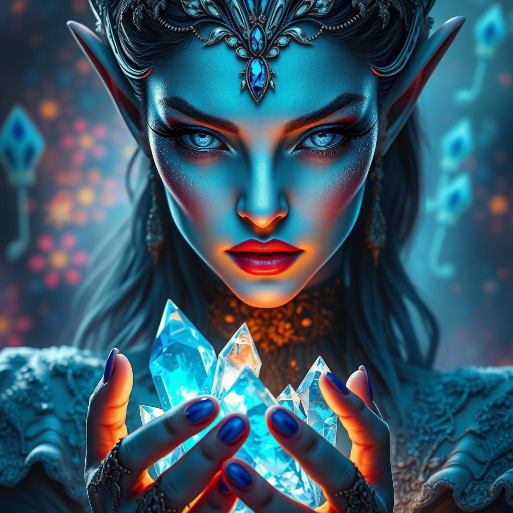 Enchanting Blue-Fire Elf Woman in Vibrant Fantasy Realm