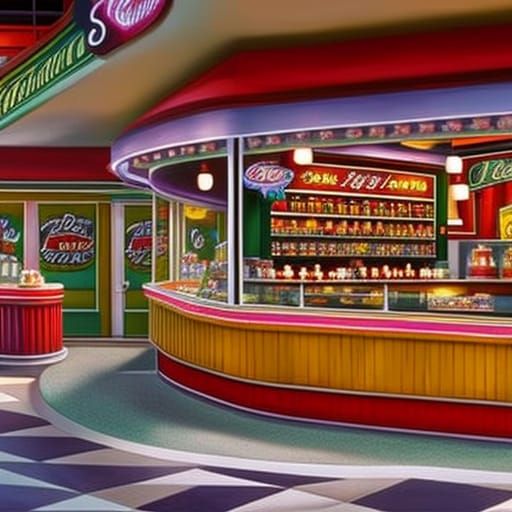 Hyperrealistic 1950s Soda Shop in Splash Art Style