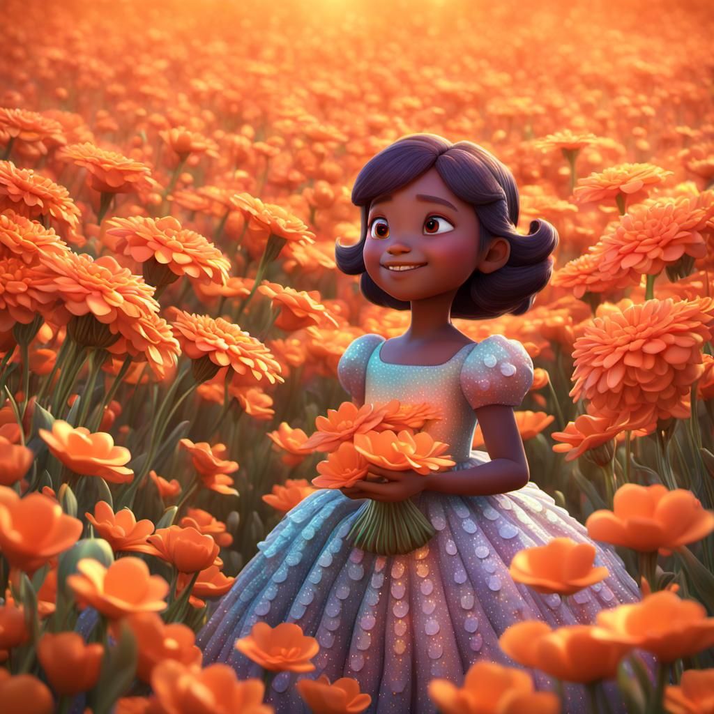 Girl with Iridescent Flowers, 3D Digital Art