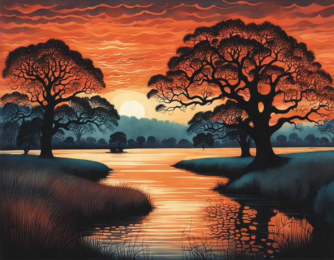 Lake Landscape with Oak Trees in Monotype Style