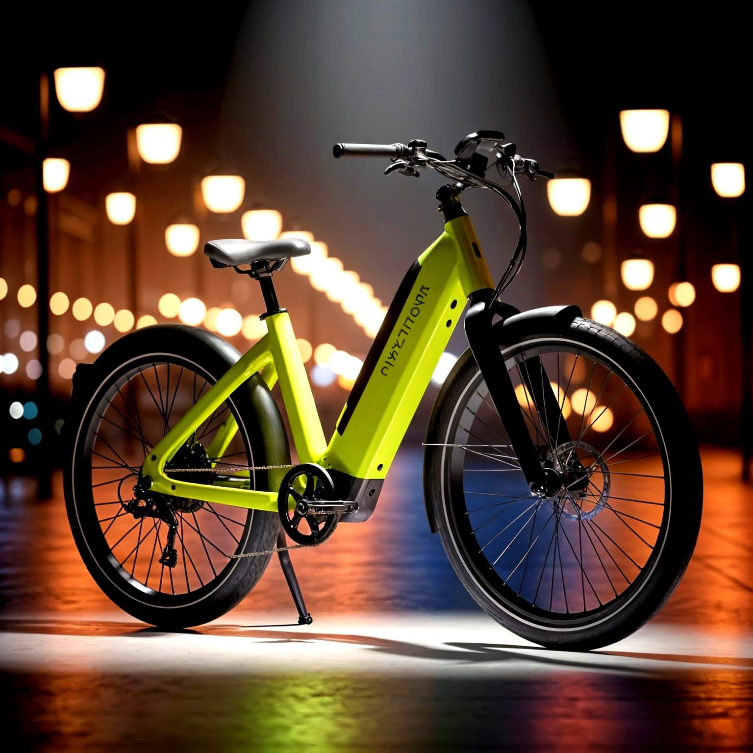 Futuristic Neon-Green E-Bike in the Spotlight