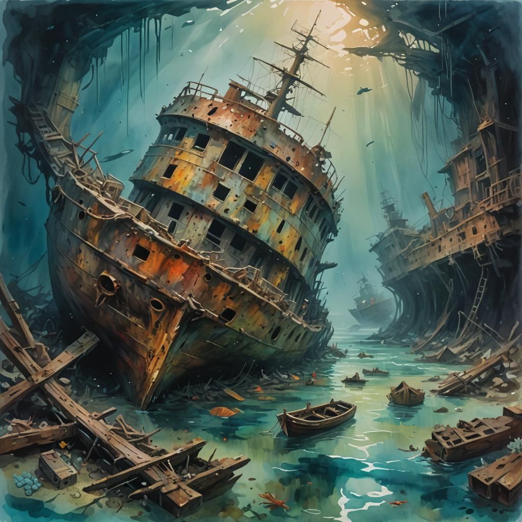 Underwater Shipwrecks: An Impressionist Gouache Masterpiece