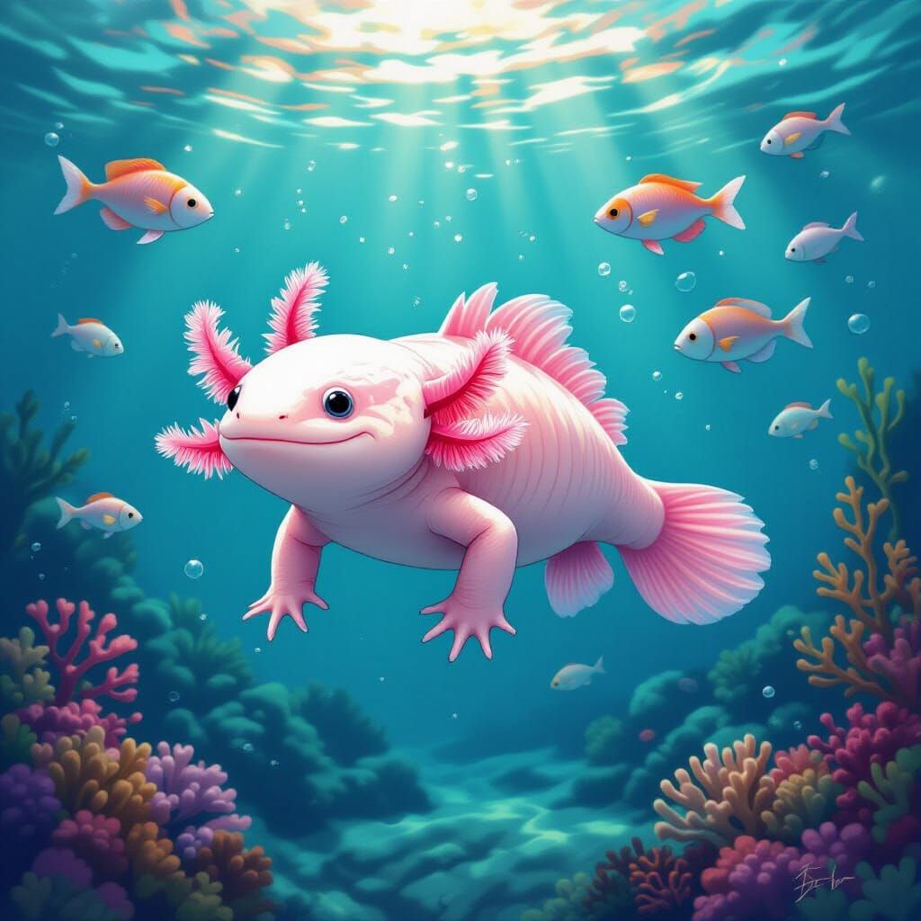 Radiant Pink Axolotl Swimming in Crystalline Waters