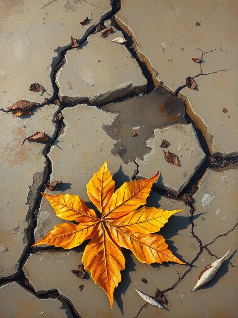 Autumn Leaf on Concrete as Oil Painting