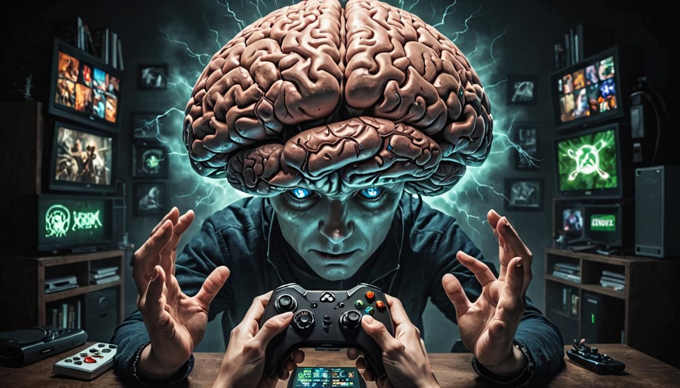 mage showcasing a human brain at the center, surrounded by two skillful hands holding an Xbox controller. The eyes are f...