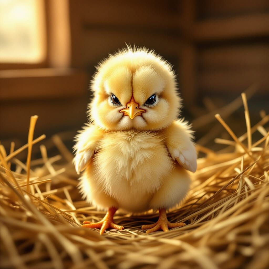 Grumpy Chick in Straw Nest, Whimsical Digital Art