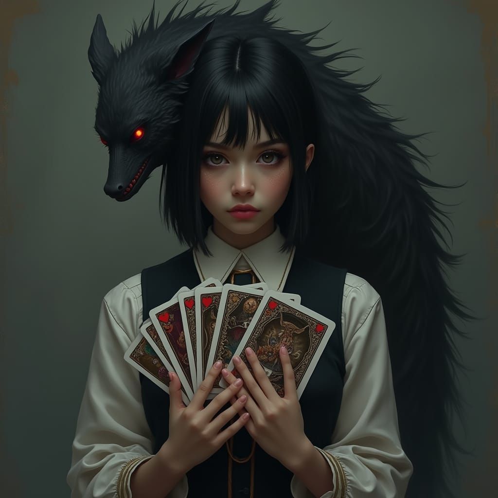 Mysterious Teenage Girl Confronts Dark Entity in Fantasy Art