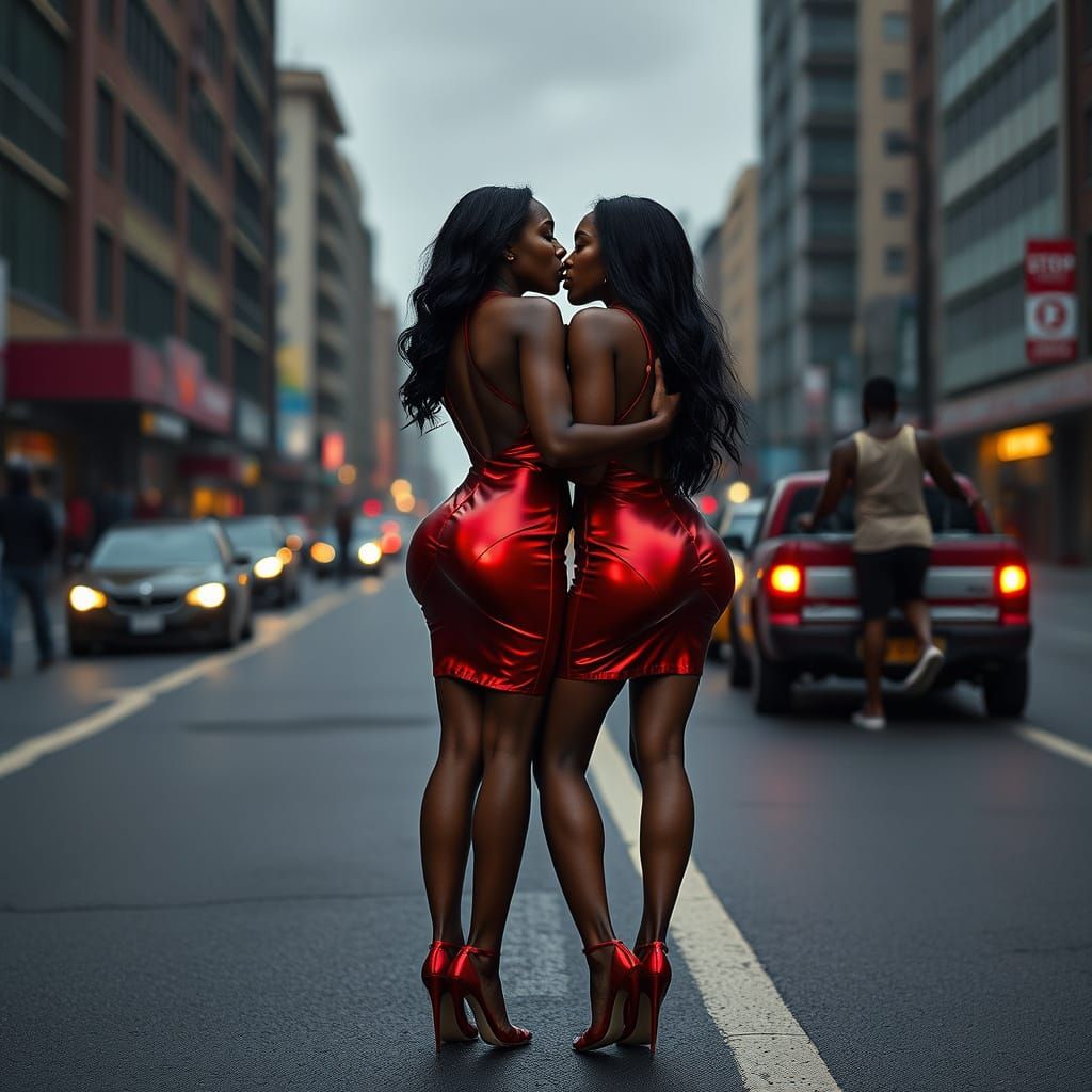 Mature Ebony Women in Red Metallic Latex, Holding Tight, Kis...