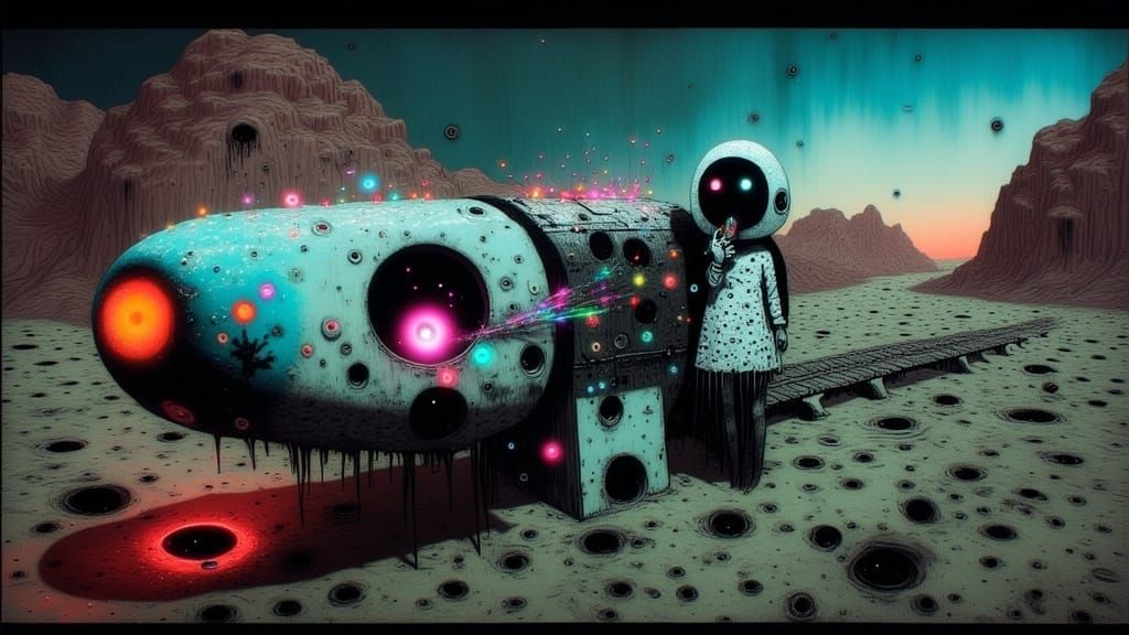 In a dimly lit, eerie desert