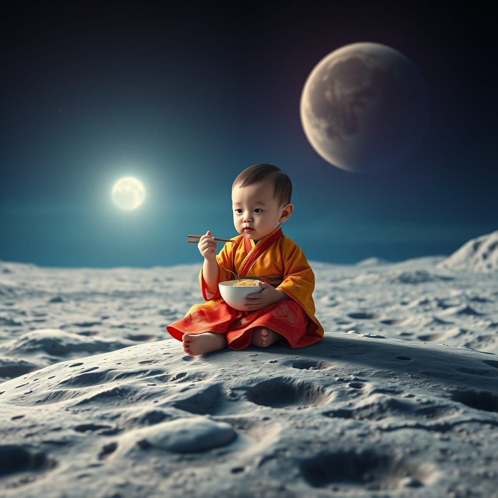 Asian Baby in Lunar Hanbok, Meditating Amidst Futuristic Lan...