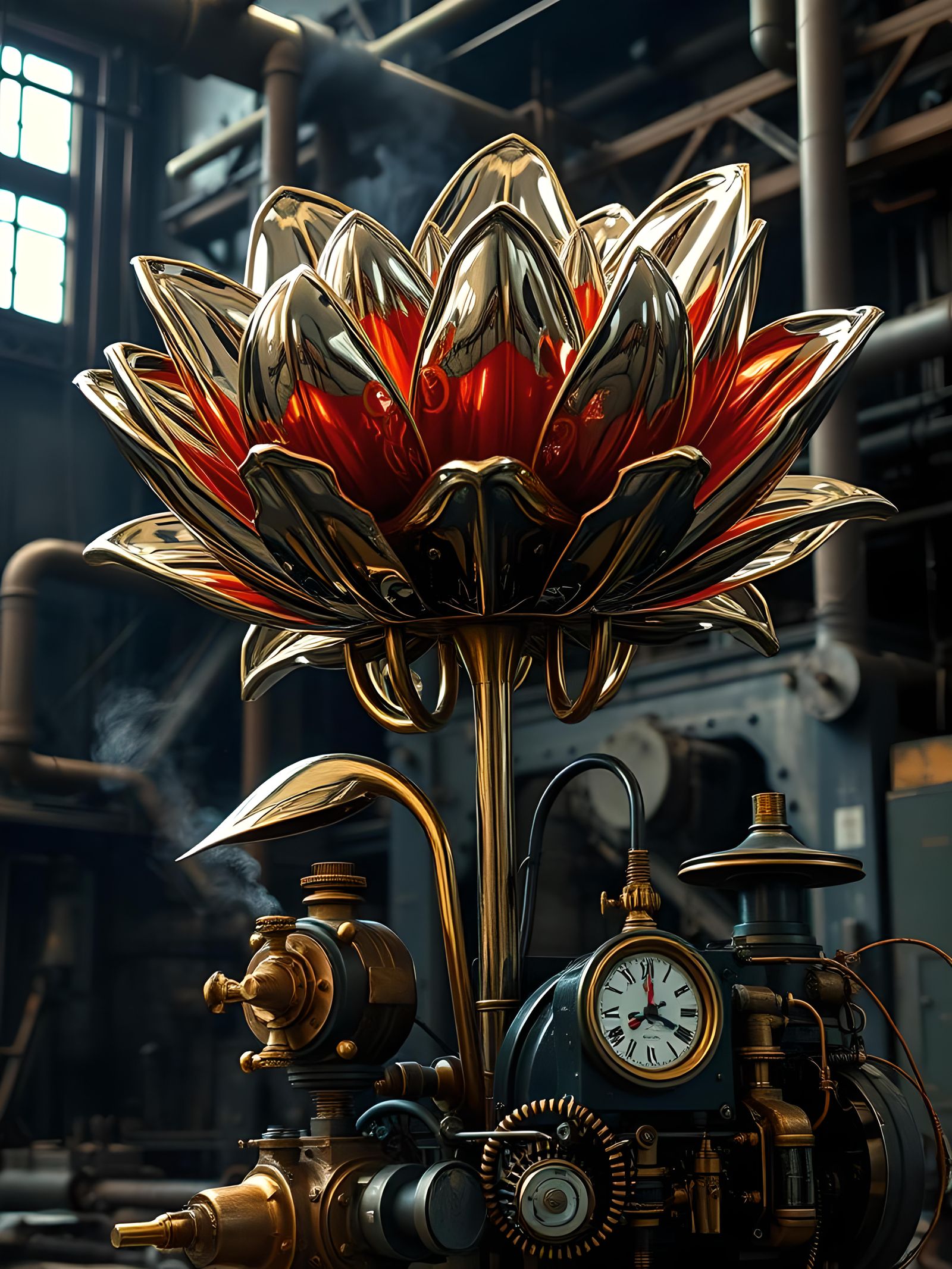 Mechanical Chrome Flower Bloom in Steel Mill