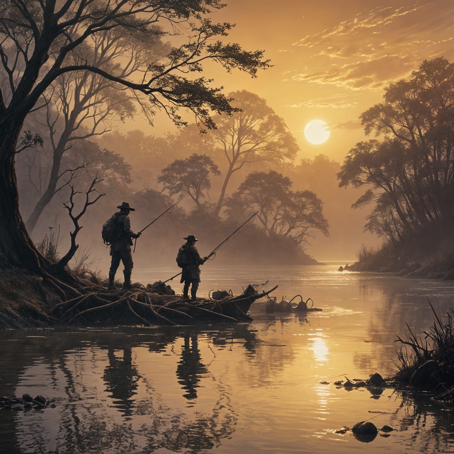 Fisherman Silhouette at Sunrise: Dark Fantasy Concept Art