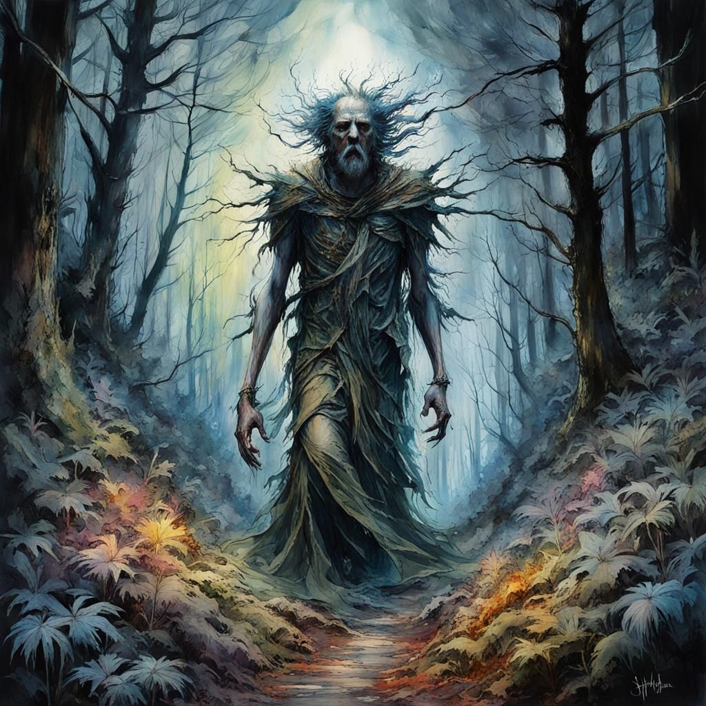 Macabre Body Horror Monster in Dark Forest