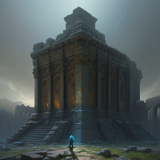Tiny Robot Explores Ancient Ruin in Epic Fantasy Style