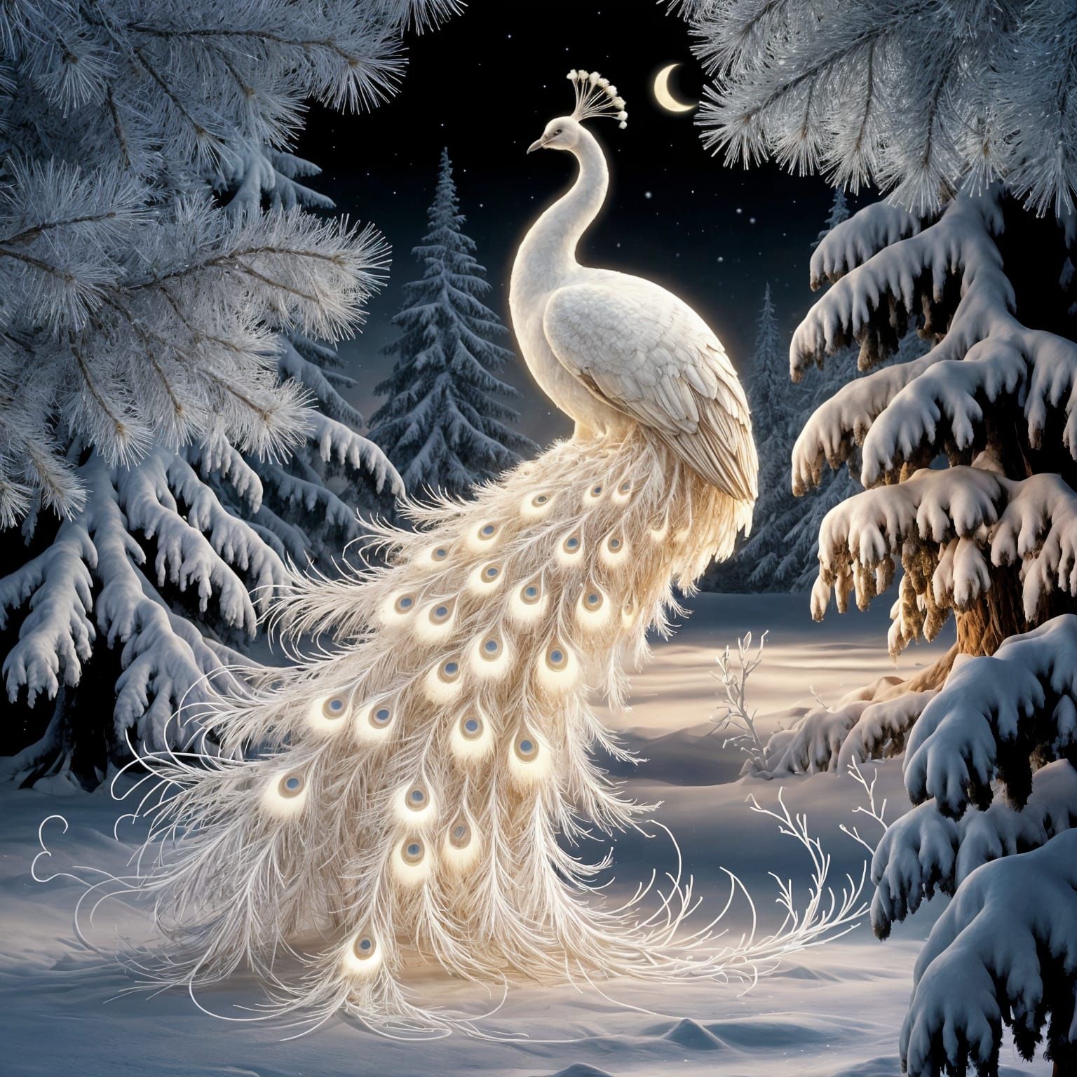 White Peacock in Snowy Forest, Art Nouveau Style