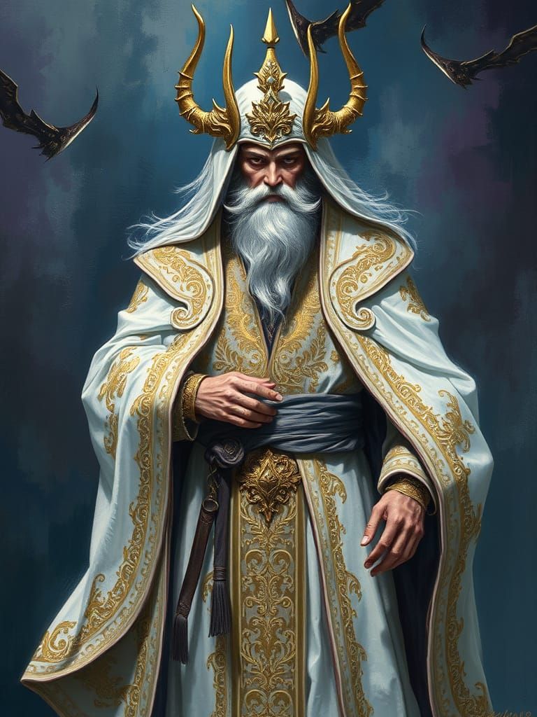 Saruman in Elaborate White Robes, Dark Background