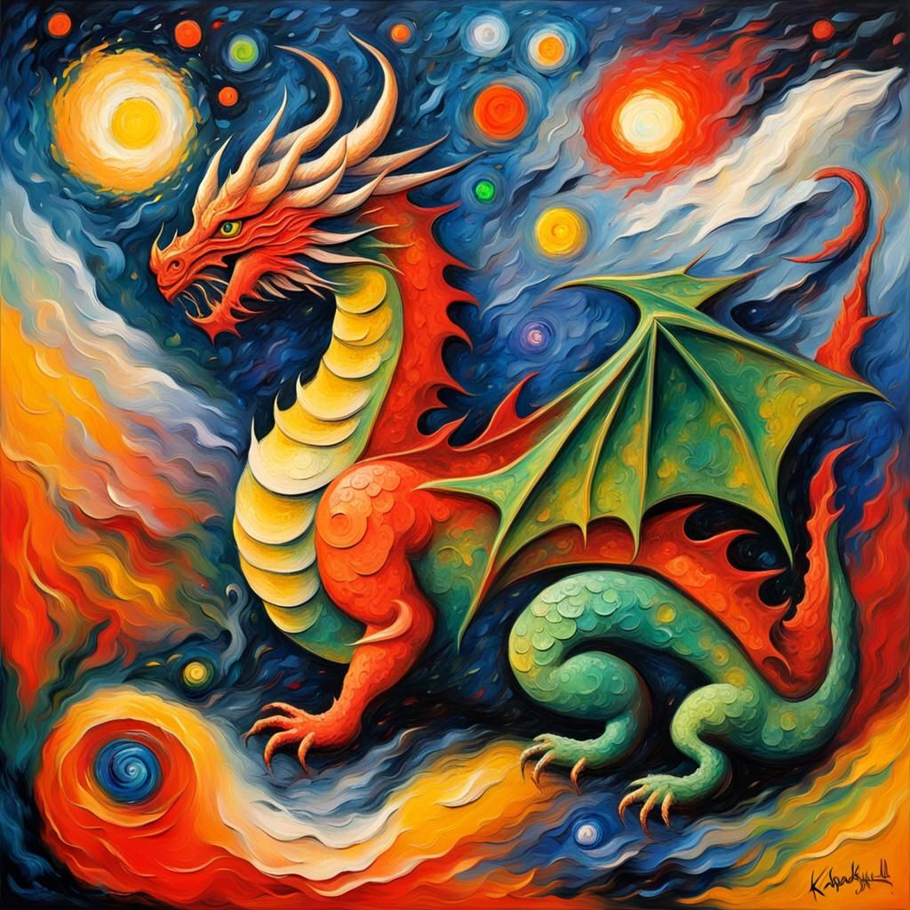 Dragon in Wind Storm: Impasto Oil Painting