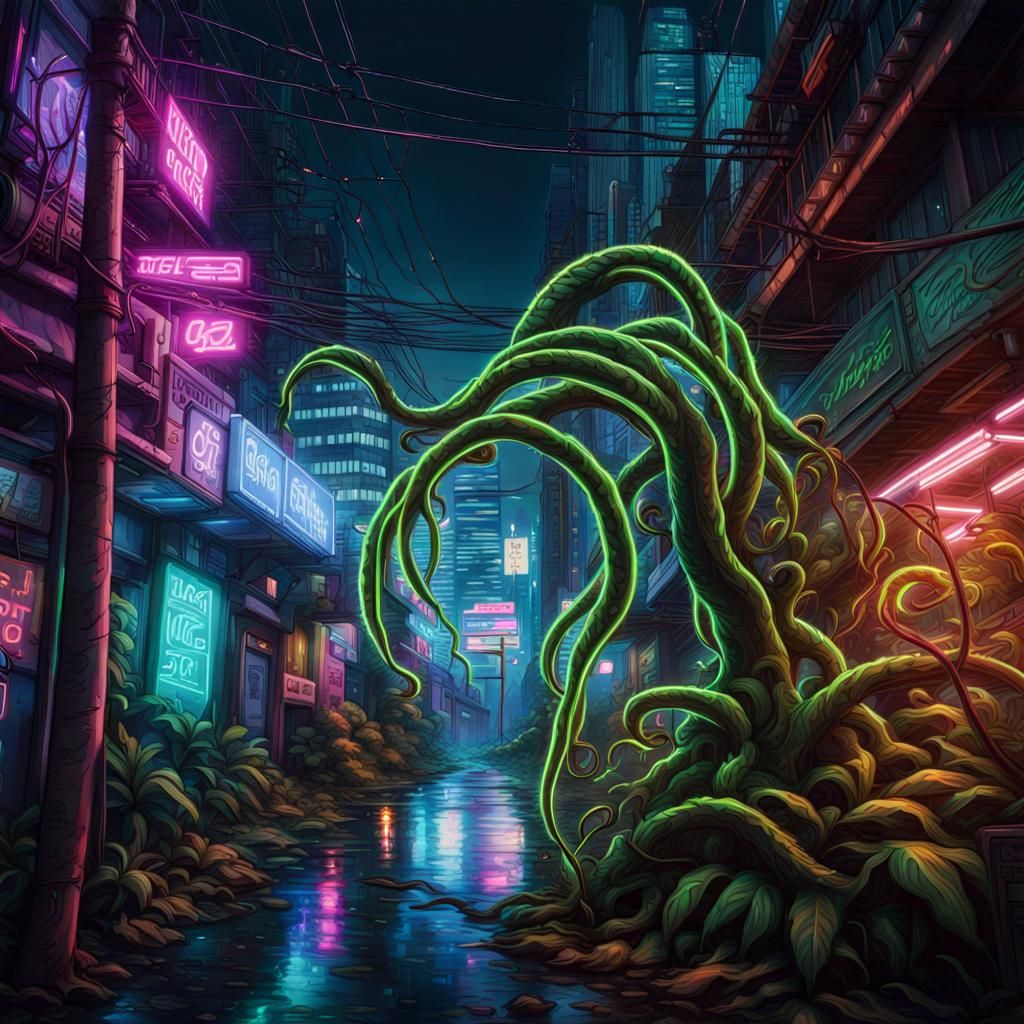 Cyberpunk Jungle: Digital Tentacle Monster's Neon Prowl
