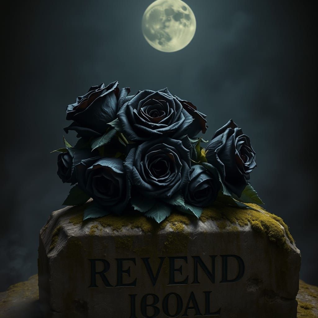Gothic Black Roses on Grave in Moonlight