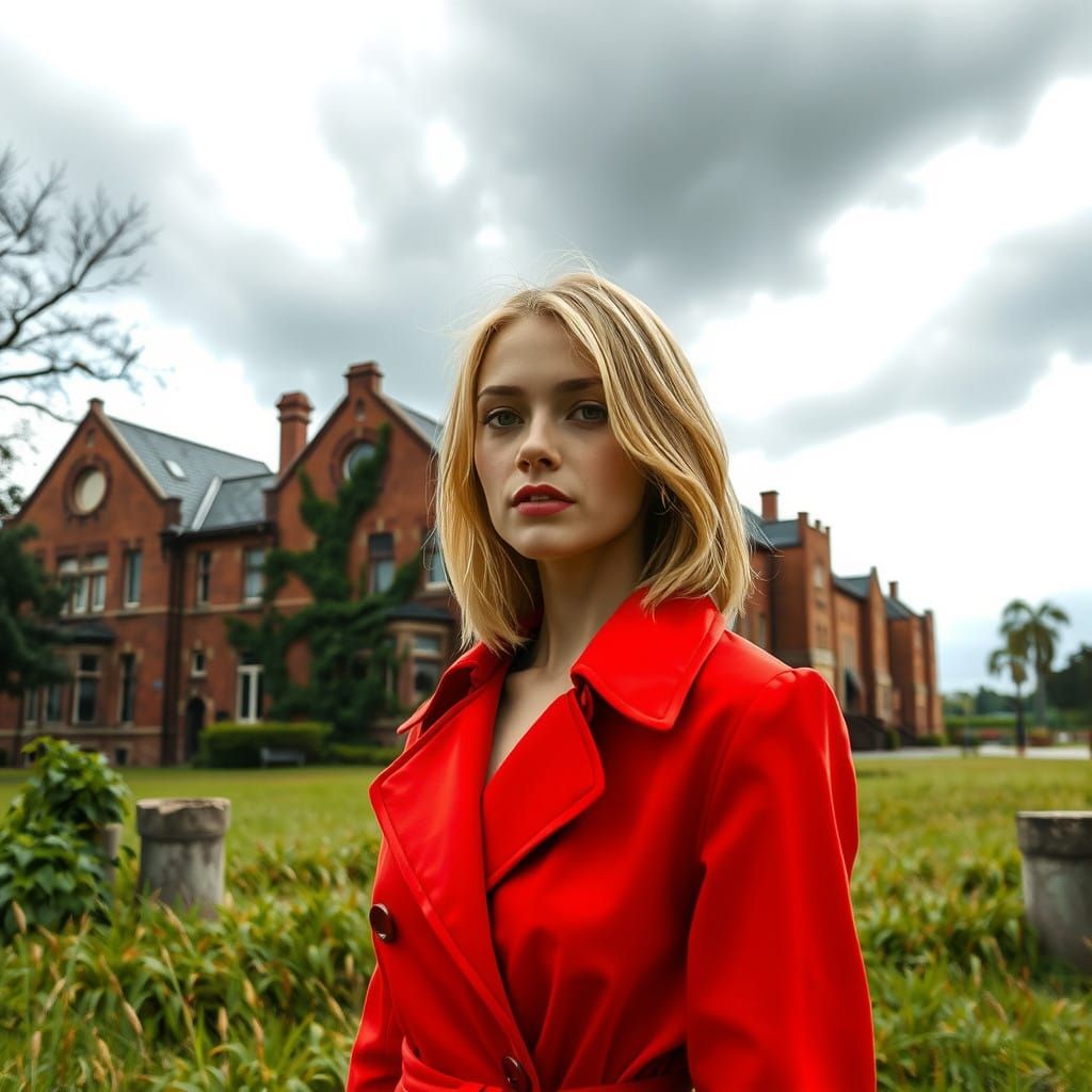 Elegant Woman in Red Coat, Victorian Architecture Background