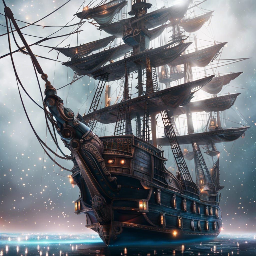 Pirate Ship Soaring Through a Galaxy