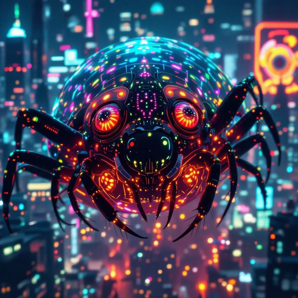 Bioluminescent Solpuga Crawls Through Futuristic City