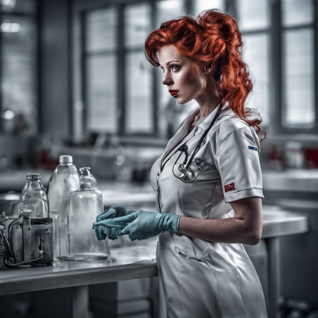 Redhead Nurse in Latex Uniform: Hyperrealistic Image