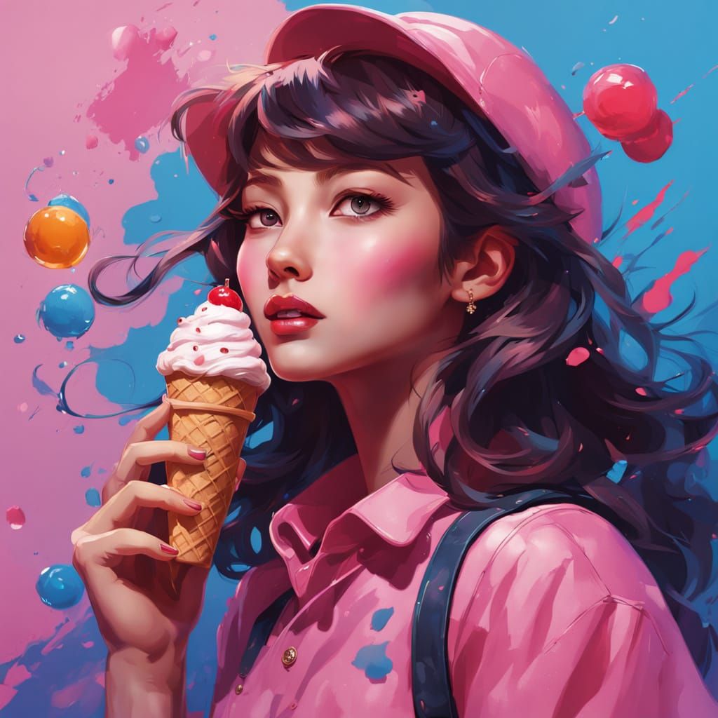 Pin-Up Woman Enjoys Ice Cream in Vibrant Splash Art