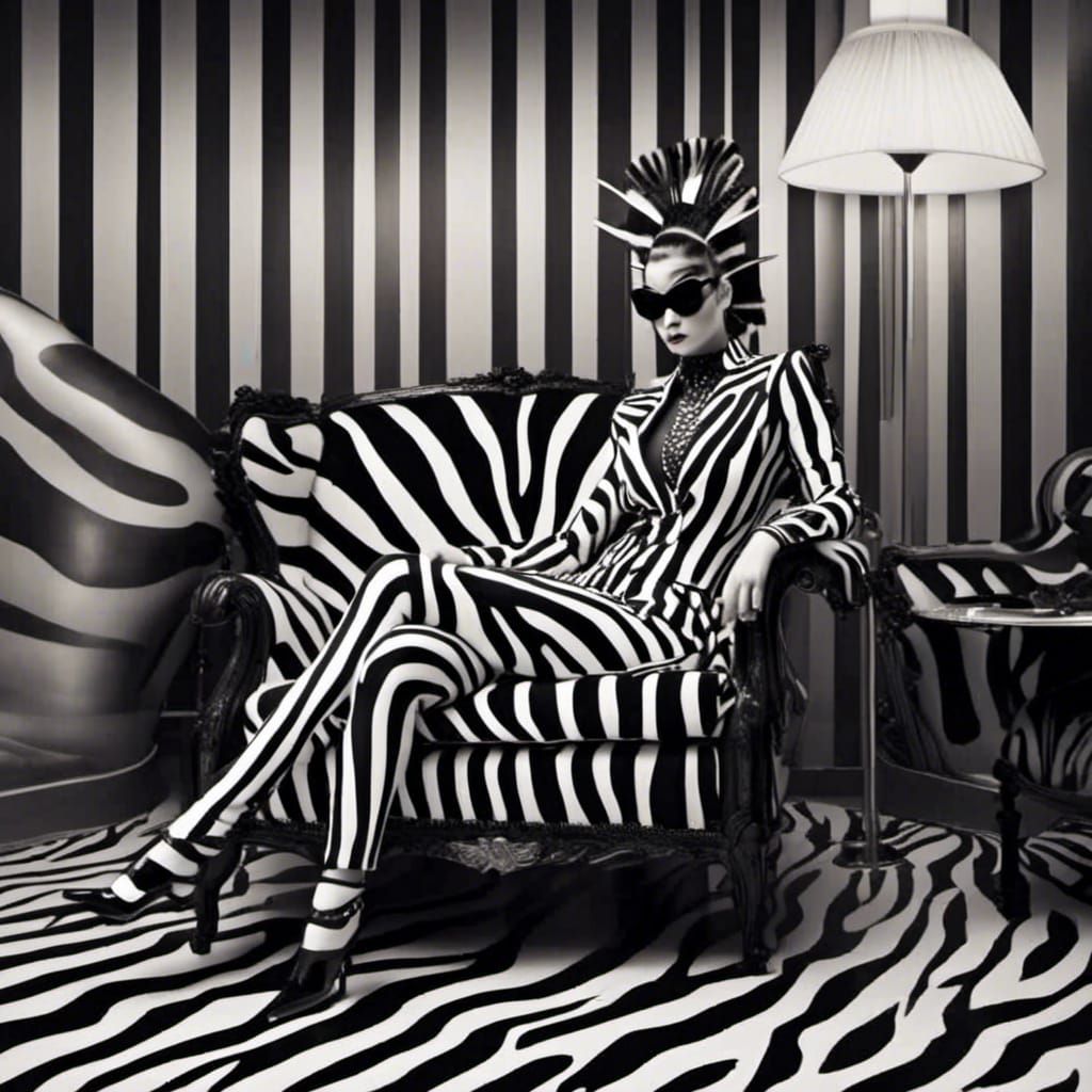 Zebra-Punk Cyborg in Striped Suit on Couch