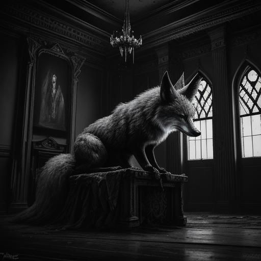 Fox Kit on Throne of Blood: Charcoal Drawing